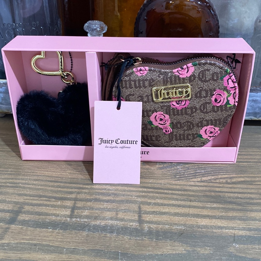 Juicy Couture Brown Pink Floral Heart Wristlet with Black Pom Pom Keychain
